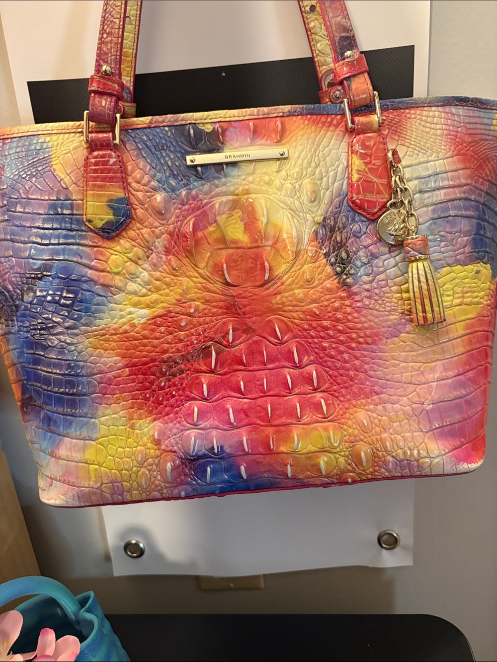 Brahmin Multicolor Croc-Embossed Leather Tote with Tassel
